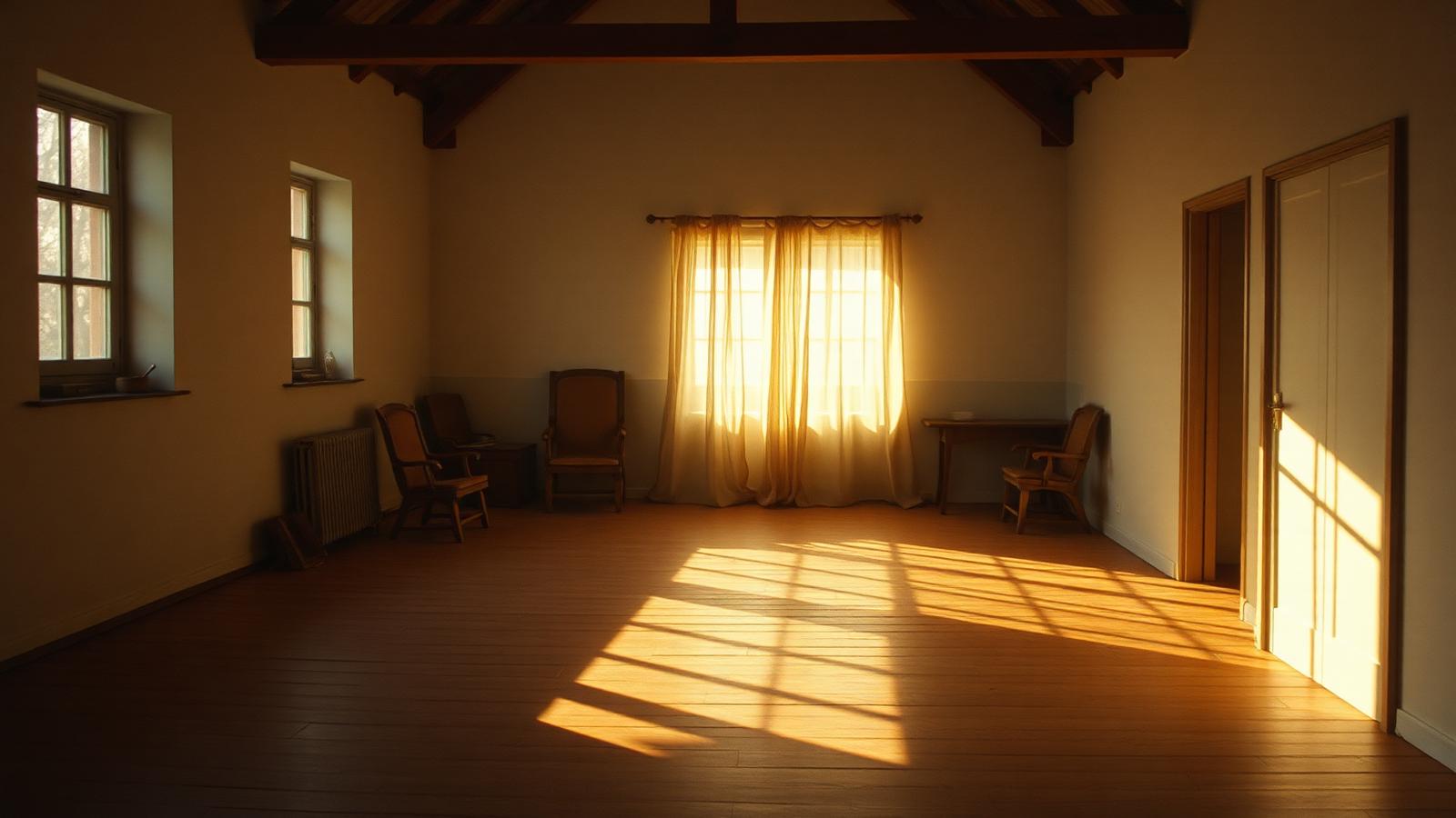 Un atelier vide, lumière du matin sur un plancher en bois