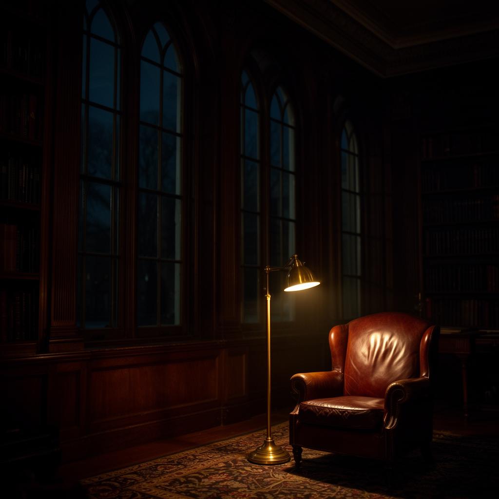 Un salon-bibliothèque à la bougie avec un fauteuil en cuir